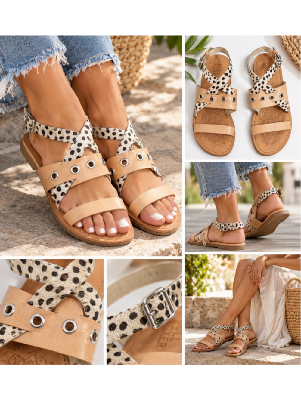 Bullboxer Tan Leather Leopard Calf Hair Strappy Sandals Women’s 8